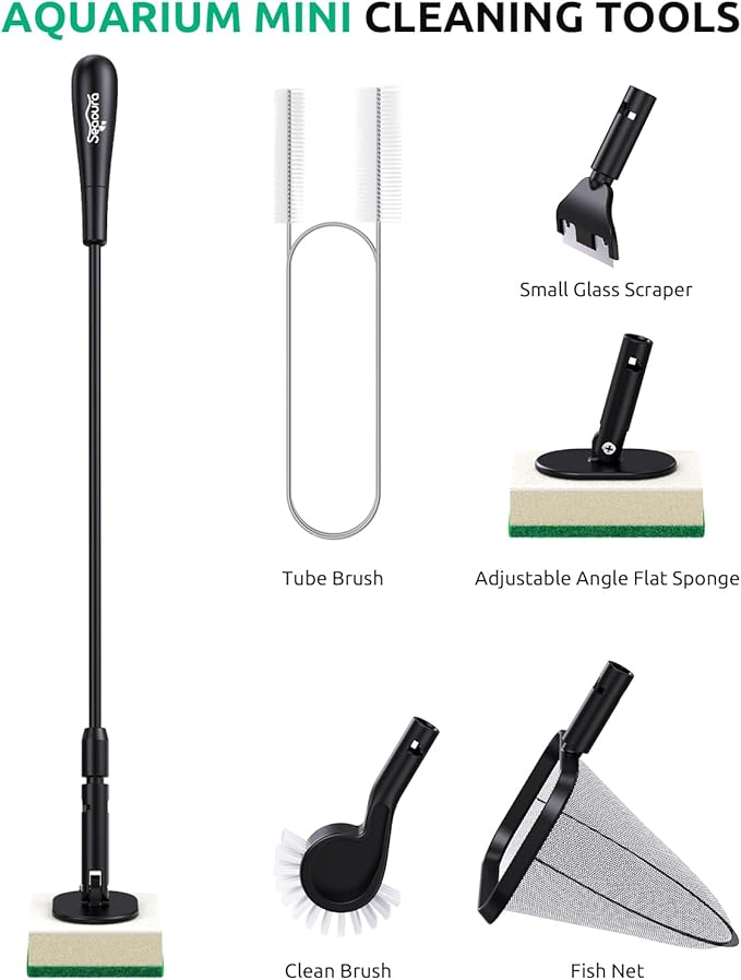 Aquarium Algae Scraper, Small Fish Tank Cleaner for Glass Algae Remover 5 in 1, Aquariums Cleaning kit with Seaweed Scraper, Flat Sponge, Fish Net, Clean Brush, Tube Brush for Freshwater, Nano Tanks