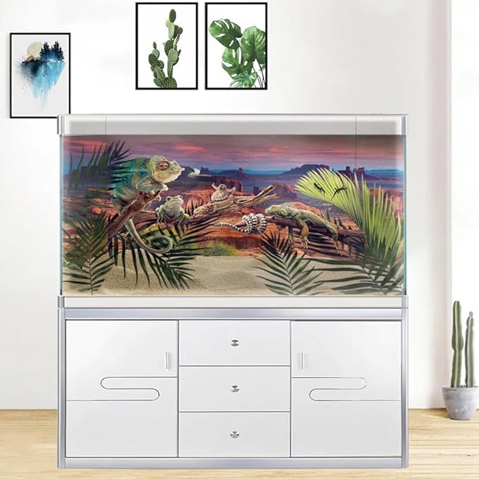 36X18IN Desert Loess Rock Cactus Oasis Reptile Habitat Background, Natural Sunset Desert Themed Terrarium Background, Aquarium Background with 10 EVA Double-Sided Tape