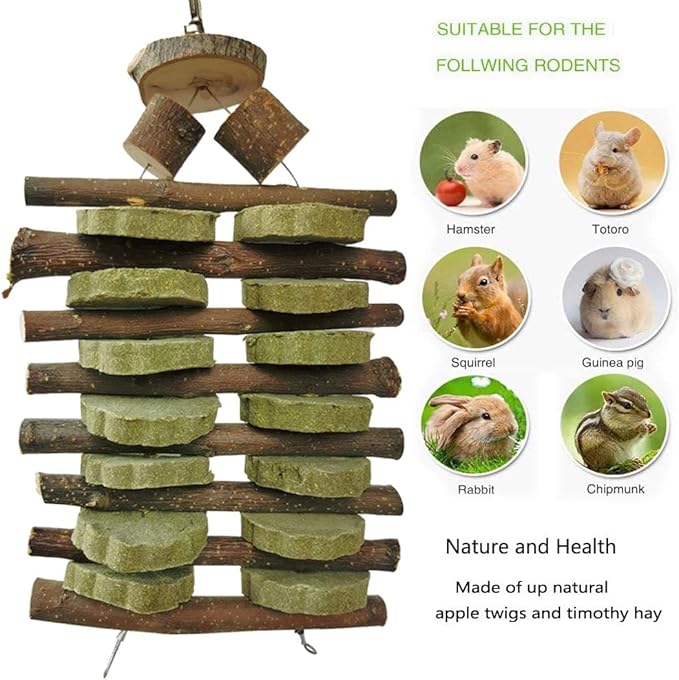 Bunny Chew Toys for Teeth Organic Fruitwood Sticks for Bunny Rabbits Chinchilla Guinea Pigs Hamsters Parrots and Other Small Animals Chewing and Playing Pet Snacks Toys with Grass Cake