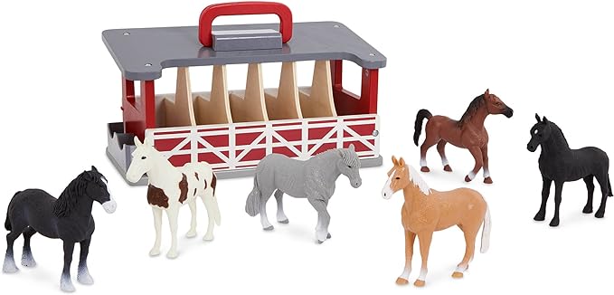 Terra by Battat – Wooden Farm Playset with 6 Toy Horses & Detailed Barn, Portable Equestrian Stable for Imaginative Play, Durable Farm Animal Figurines & Carry Handle, Playset for Toddlers 3+ Years
