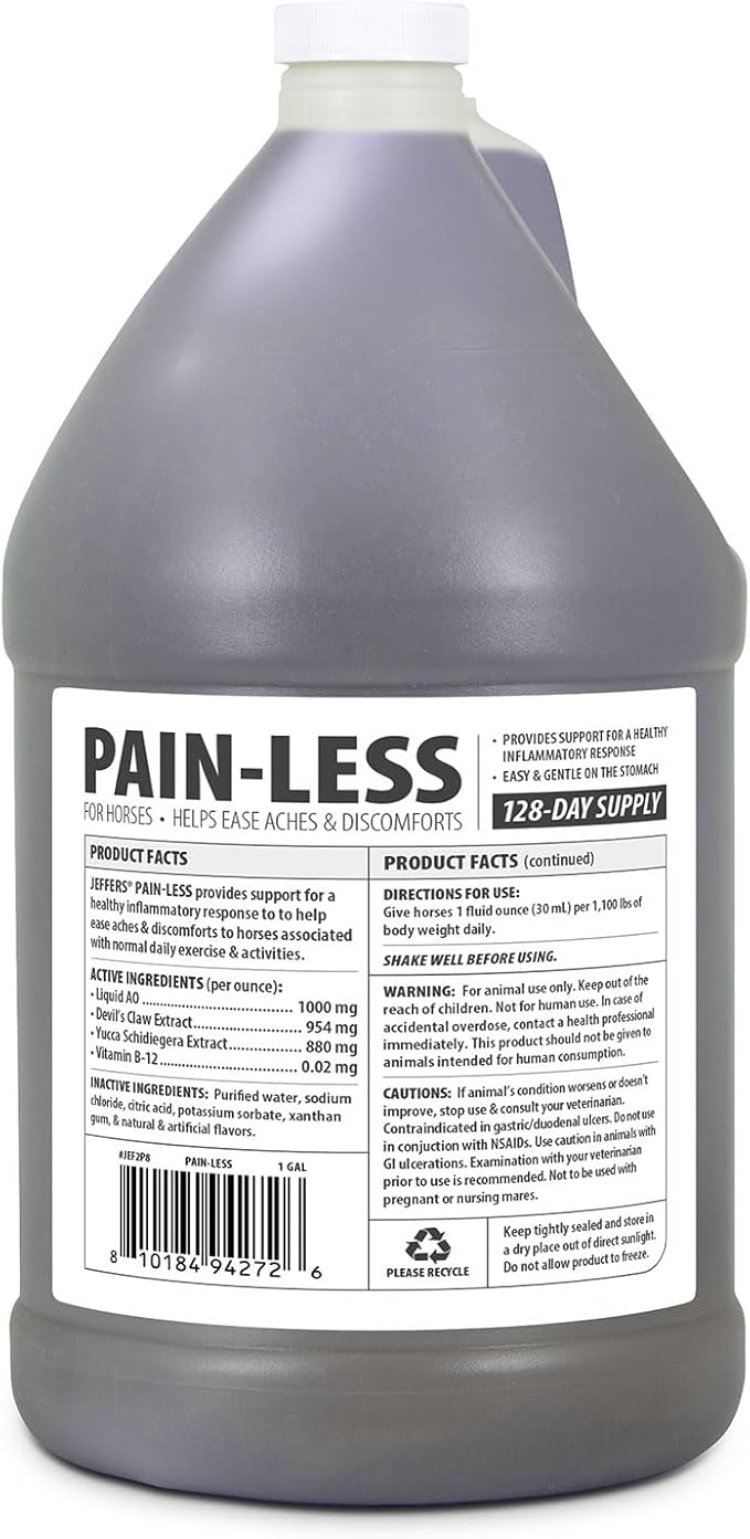 Jeffers Equine Pain-Less Vitamin Formula for Horses – 1 Gal Supplement – Support Healthy Inflammatory Response, Comfort – Devil’s Claw, Yucca, and Vitamin B-12 – Gentle on Stomach – Made in The USA