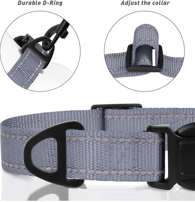 TagME Reflective Nylon Dog Collars, Adjustable Classic Pet Collar with Quick Release Buckle for Small Dogs, Grey, 5/8" Width