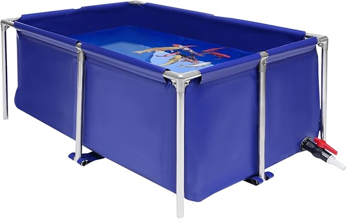 Foldable Fish Pond Aquarium Blue Cuboid Canvas Fish Pond Aquarium, Koi Breeding Pond with Metal Frame and Drain Valve for Home Breeding Pond or Aquaculture