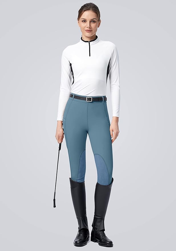 SANTINY Women's Horse Riding Pants with Zipper Pockets Knee-Patch Schooling Tights Equestrian Breeches for Women