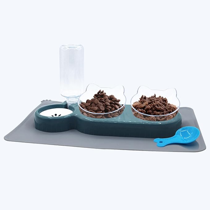 Triple Cat Bowls with Water Dispenser, Pet Water and Food Bowl Set with Non-Slip Mat and Scoop, 15° Tilted Double Dog Cat Bowls, Wet and Dry Food Bowl Set for Cats & Small Dogs (Dark Blue)