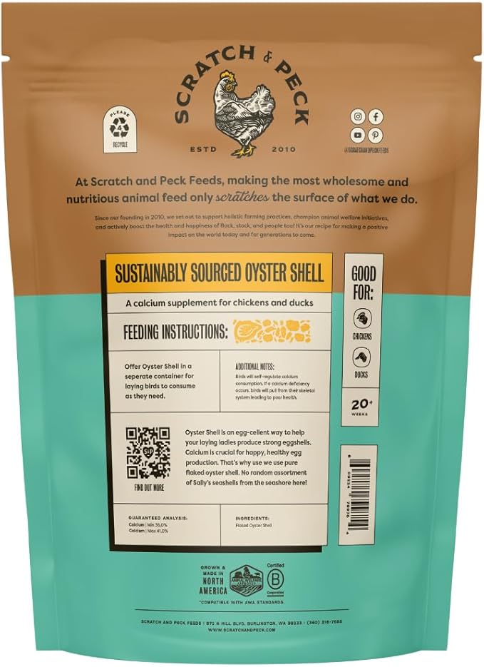 Scratch and Peck Oyster Shell Supplement - 4 lb Bag - Natural Calcium Boost for Healthy Eggshells in Chickens and Ducks, Sustainably Sourced Pure Flaked Oyster Shell