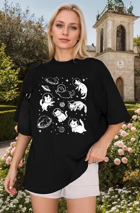 Cat Shirts for Women Oversized Cat Mom Shirt Animal Print Tops Cute Teen Clothes Casual Graphic Tees