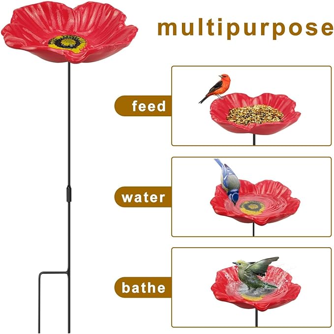 MIXXIDEA Redflower Bird Feeder Baths for Outdoors Small Stick into Ground Cute Tray Feeders for Outdoor Garden Decoration Baths for Bird Lovers