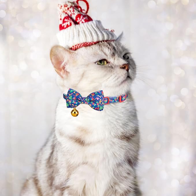 Christmas Breakaway Cat Collar with Removable Bow Tie and Bell, Cute Xmas Patterns, 3 Pack Safety Buckle Kitten Collars, Adjustable Pet Collar