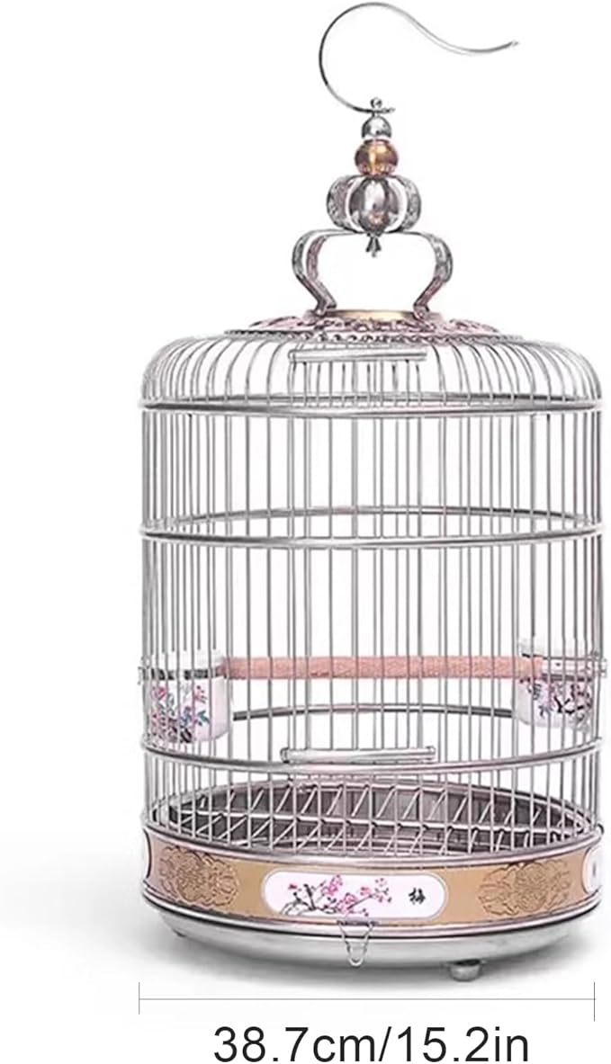 Portable Hanging Bird Cage, Stainless Steel Travel Cage for Canaries, Parakeets & Small Birds with Wooden Pole & Ceramic Cup, for Pet Starlings