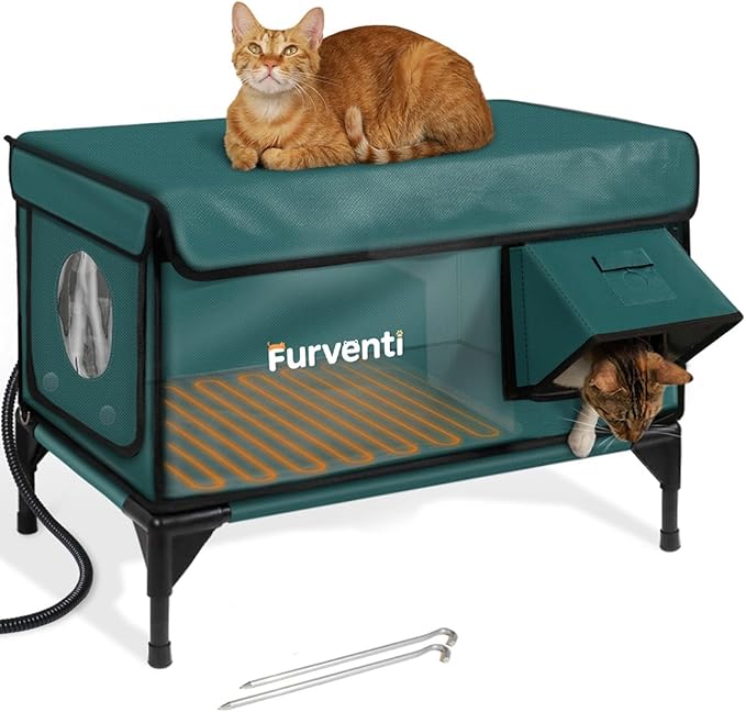 Outdoor Heated Cat House in Winter,Extremely Insulated & Weatherproof,Elevated Feral Cat Shelter with Waterproof Eaves & Escape Door for Outside Stray Barn Cat (Dark Green,L)