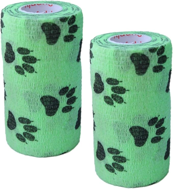 Vet Wrap Wrap Tape (Green with Paw Prints) (2 Pack) (3 Inch x 15 feet) Self Adhesive Adherent Adhering Cohesive Flex Self Stick Bandage Grip Roll Dog Cat Pet Horse