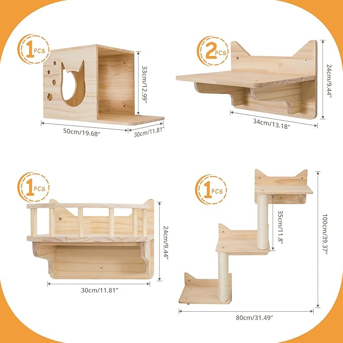9-Piece Wall-Mounted Cat Shelves Set, House, Lookout Tower, 2 Sisal Scratching Posts, 5-Step Cat Wall Ladder, Pine Furniture, Extra-Wide & Long for Large Cats, Space-Saving Indoor Shelves