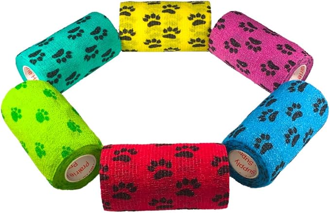 Prairie Horse Supply 3 Inch Vet Wrap Tape Bulk (Black, Red, Yellow and Black Paw Prints on Yellow, Red, Teal) (Pack of 24) Self Adhesive Adherent Adhering Flex Bandage Grip Roll for Dog Cat Pet