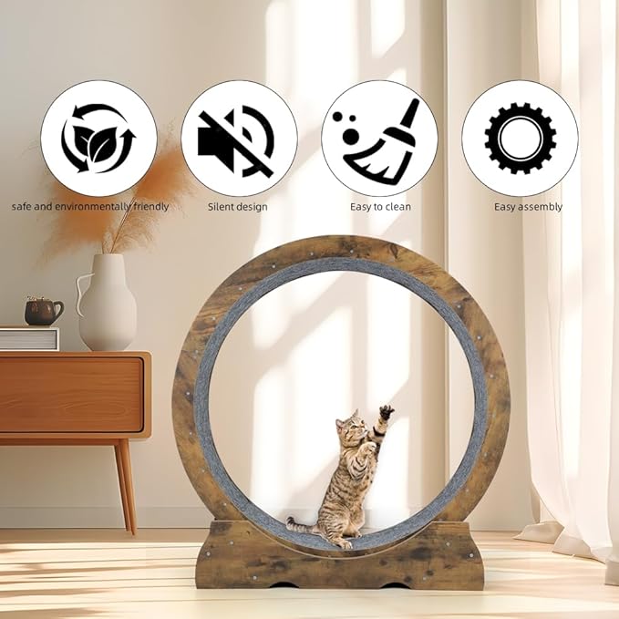 Cat Exercise Wheel,Cat Running Wheel ，Large Cat Wheel Exercise for Indoor Cats ，Cheap Cat Wheel，Cat Treadmill Wheel with Locking Mechanism (Rustic, 35.4”)