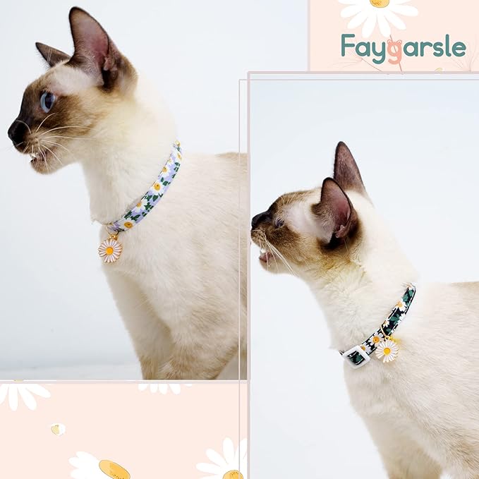 2 Pack Cotton Breakaway Cat Collars with Bell Daisy Pendant Kitty Kitten Collars Black Blue Collar for Female Girl Cats Male Boy Cats