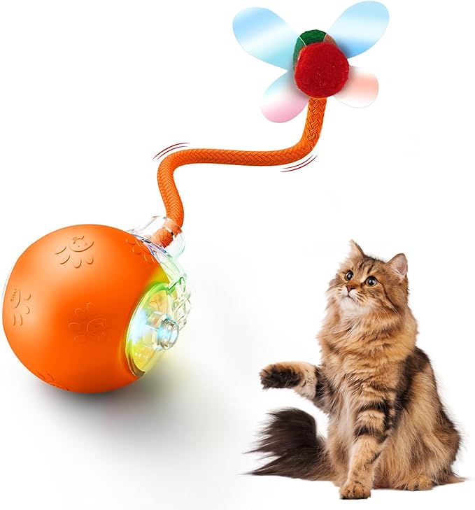 Interactive Cat Toys for Indoor Cats, 2025 Upgraded 360° Anti-chew Safe Material Moving Cat Ball with Tail, Interactive Cat Toys for Bored Indoor Adult Cats to Keep Them Busy (Orange, 2.2in)