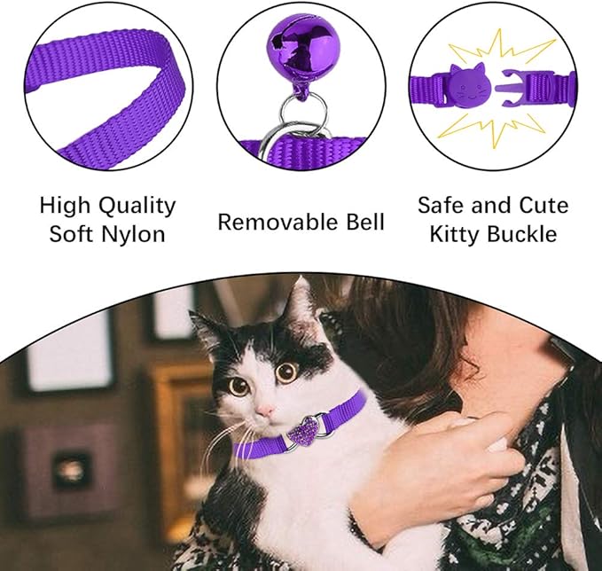 2 Pcs Cat Collars Heart Bling Breakaway with Bell Nylon Adjustable for Kitty(Black+Purple)