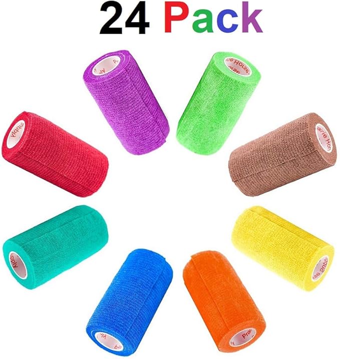 3 Inch Vet Wrap Tape Bulk (Assorted Colors) (Pack of 24) Self Adhesive Adherent Adhering Flex Bandage Grip Roll for Dog Cat Pet Horse