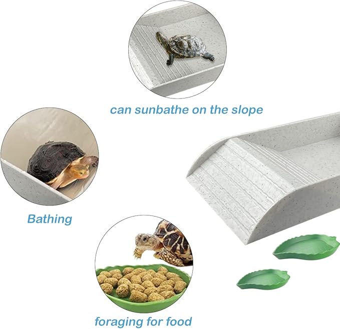 3 PCS Tortoise Food Dish with Ramp and Tortoise Water Bowl,Gray Reptile Water Bowl,Reptile Water Dish Amphibians Habitat,Reptiles Waters Bowl for Turtles,Horned Frogs and Lizards（Brown）