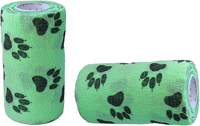 Vet Wrap Wrap Tape (Green with Paw Prints) (2 Pack) (3 Inch x 15 feet) Self Adhesive Adherent Adhering Cohesive Flex Self Stick Bandage Grip Roll Dog Cat Pet Horse