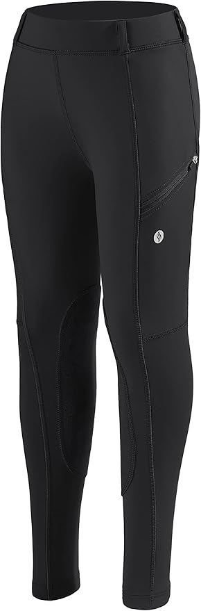SANTINY Girls Horse Riding Pants with Zipper Pockets Kids Stretchy Equestrian Breeches Knee-Patch Youth Schooling Tights