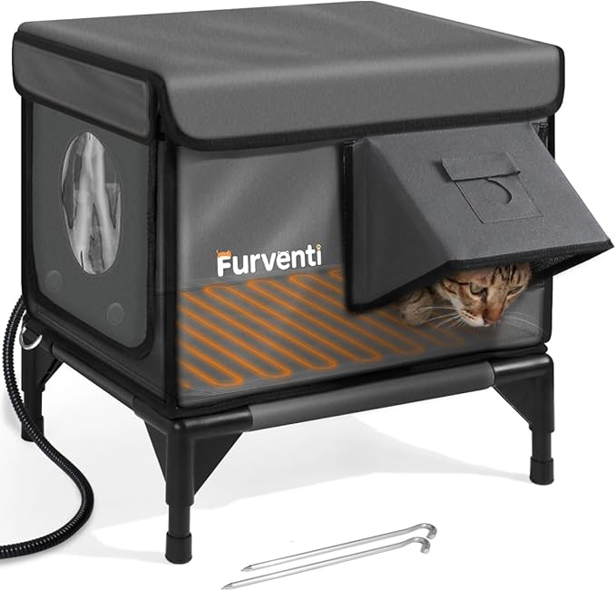 Outdoor Heated Cat House in Winter,Extremely Insulated & Weatherproof,Elevated Feral Cat Shelter with Waterproof Eaves & Escape Door for Outside Stray Barn Cat (Dark Grey,S.)