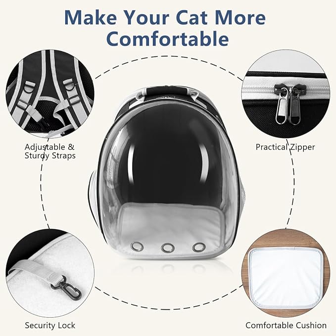 Cat Backpack Carrier Back Expandable Bubble Pet Carrier Backpack for Large Cat, Kitten and Dog, Designed for Hiking, Travelling and Outdoor Use (Back Expandable-Black)