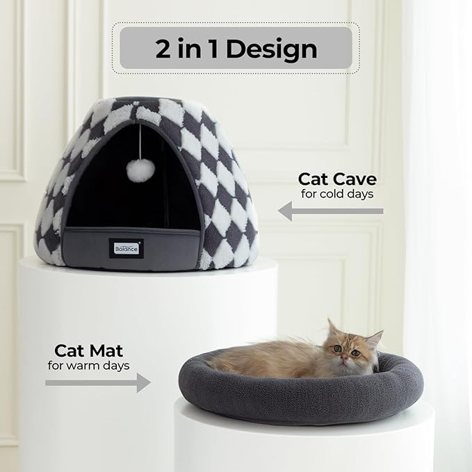 BALANCE Cat Beds for Indoor Cats, 2-in-1 Cat Bed Cave with Anti-Slip Bottom and Ultra-Soft Plush, Cozy Cats House Tent for Kittens and Small Dogs, 19 Inches, Dark Grey