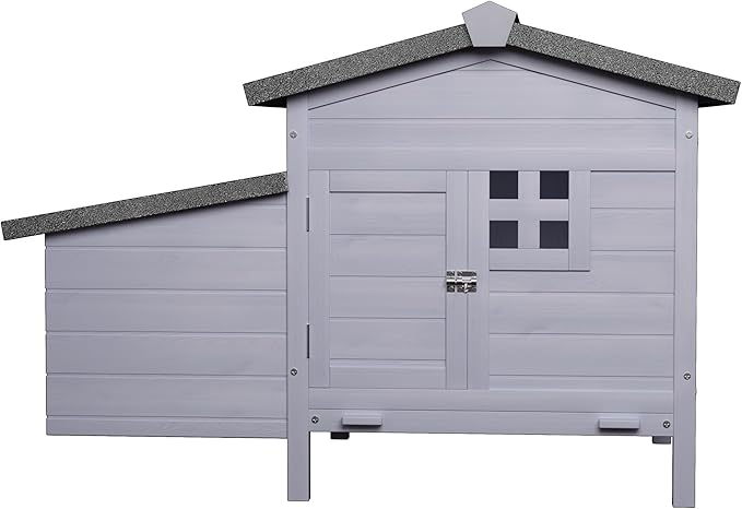 Outdoor Wooden Chicken Coop with Nesting Box – All-Weather Hen House for 3–4 Chickens, Asphalt Roof, Leak-Proof Pull-Out Tray, Predator-Proof Poultry Cage with Multiple Doors Gray
