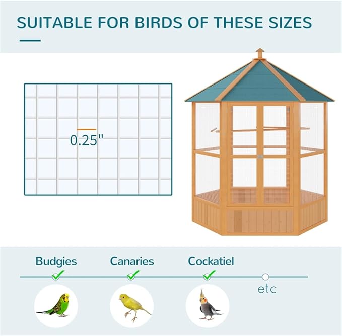 59" Large Wooden Hexagonal Outdoor Aviary Flight Bird Cage with Covered Roof, Green