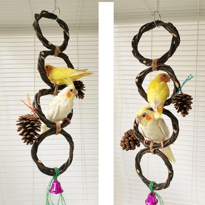 Circle Straw Bird Swing Stand Bird Perches Stand Hanging Chewing Toy for Parrots Bird Playground Cage Accessories Climbing Rope Net Ladders for Foraging Toys（Random Color） (3 Rings)
