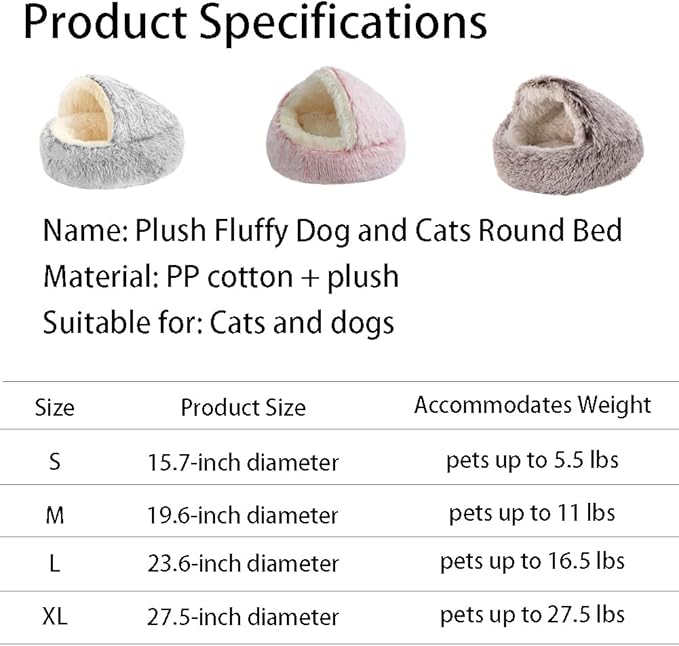 Plush Fluffy Dog and Cats Round Bed, Ultra-Soft Plush with Raised Rim, Non-Slip Bottom, Plush Cat Bed with A Cover, for Small Dogs and Cats (Brown, Small)