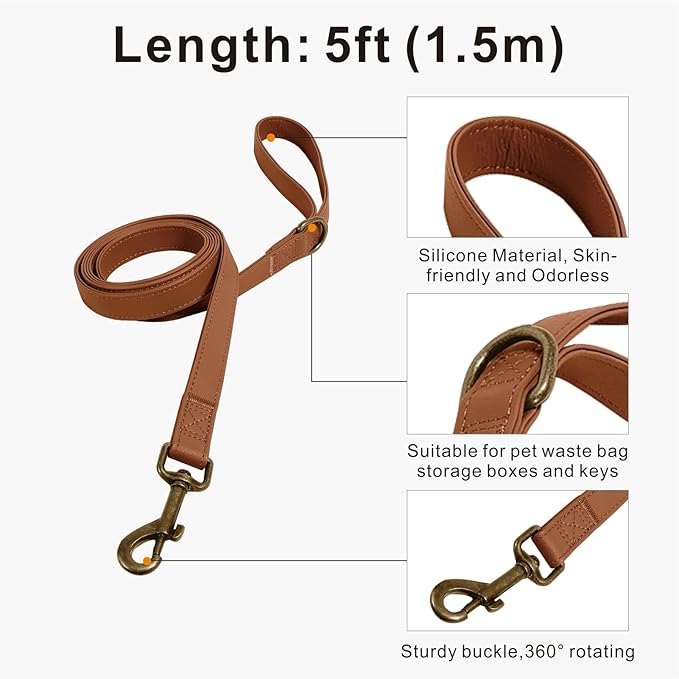 Dog Collar and Leash Set,Leather Silicone Waterproof Odor-Proof Dog Collar and Leash for Large Dogs, Soft Flexible Dog Collars, Durable Thick Adjustable Pet Collar (Brown, Large (14.5-24" Neck))