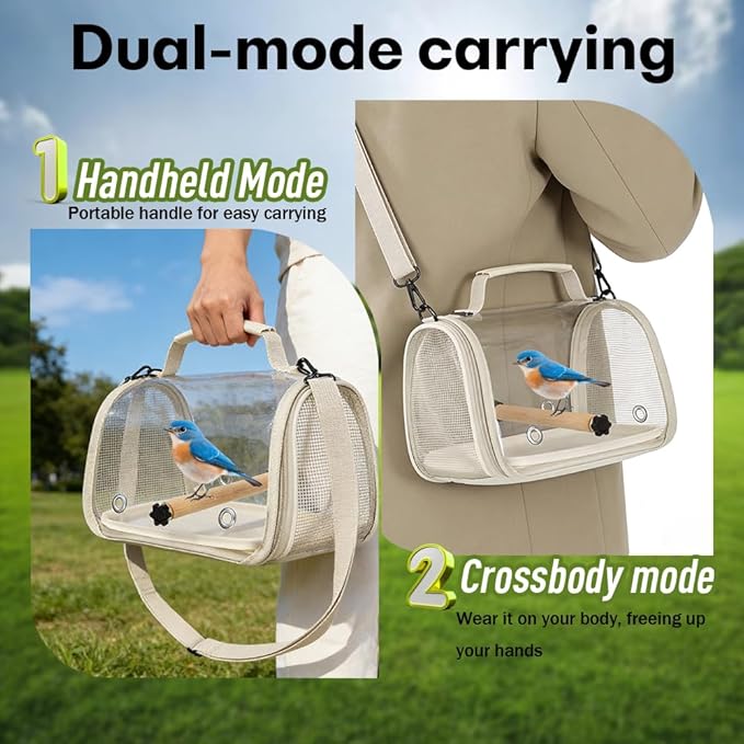 Hands Free Small Pet Cage with Breathable Mesh Windows Parrot Backpack for Vet Visit Shopping Hiking, Clear View Portable Bird Travel Carrier with Easy Clean Removable Tray and Perch
