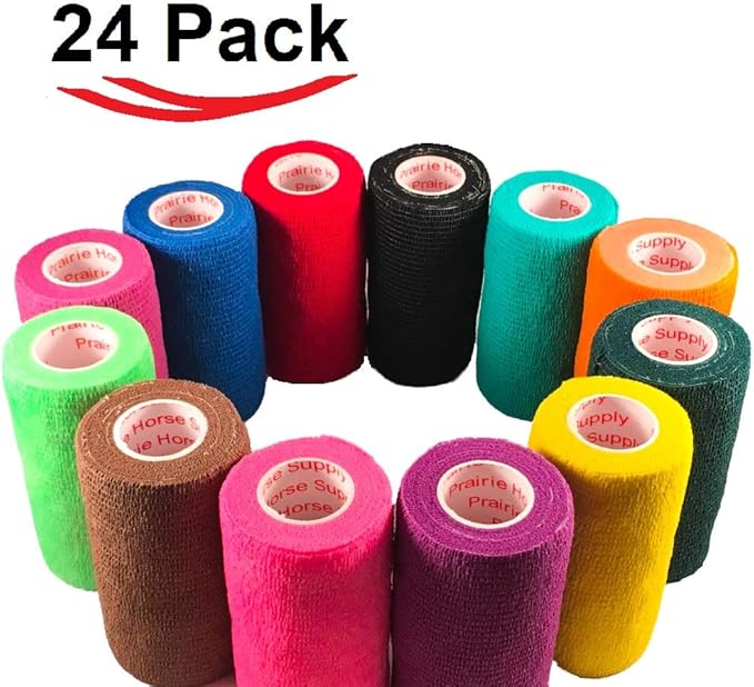 3 Inch Vet Wrap Tape Bulk (Assorted Colors) (Pack of 24) Self Adhesive Adherent Adhering Flex Bandage Grip Roll for Dog Cat Pet Horse