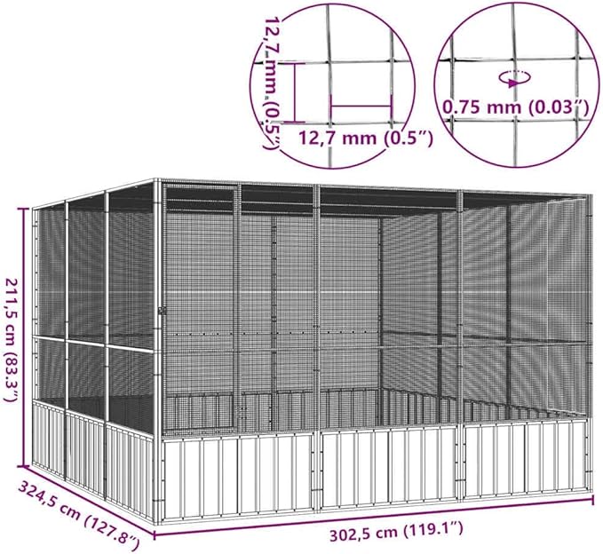 Metal Steel Large Bird Cage for Budgies, Pigeons, Galvanized Steel Birdcage Aviary House, 119.1"x127.8"x83.3", Anthracite,-671
