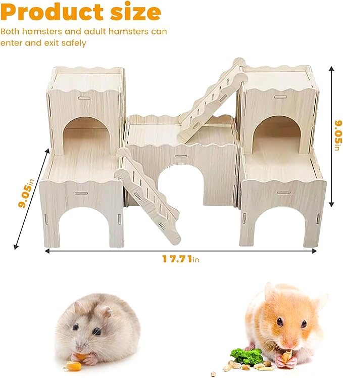 Wooden Dwarf Hamster House, Hamster Tiny House Hideout, Hamster Maze House, Large Balcony Lookout Holes, Easy to Assemble, Detachable Parts, Secure Hideaway, F