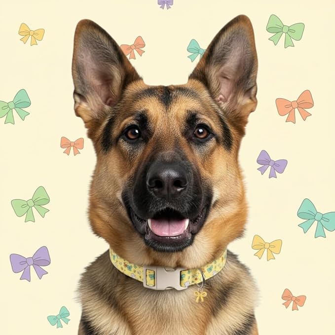 Dog Collars for Medium Dogs, Yellow Dog Collar with Cute Bow Print and Charm, Adjustable Medium Collar for Girl Female Dogs