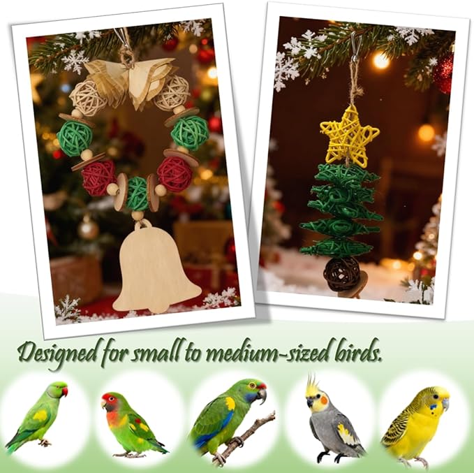 Bird Toys - Christmas Parrot Toys, Cage Enrichment | Foraging Wreath | Chewing and Shredding | Ideal for Parakeets/Cockatiels/Conures/Lovebirds and Small to Medium Birds