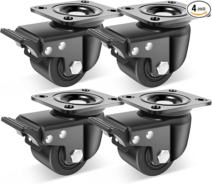Nefish 3-Inch Heavy Duty Casters Set of 4, Industrial Grade Casters Wheels 4400 LBS, Low Gravity Plate Swivel Caster with Brake, Durable & Corrosion-Resistant Nylon Wheels for Industrial, Machine