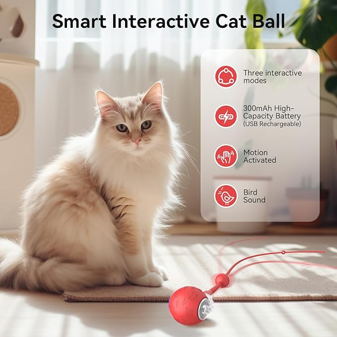 Interactive Cat Toys Ball for Indoor Cats, Automatic Pet Toys for Bored Indoor Adult Cats, Motion Activated, USB Rechargeable, Christmas Birthday Gifts (RED)