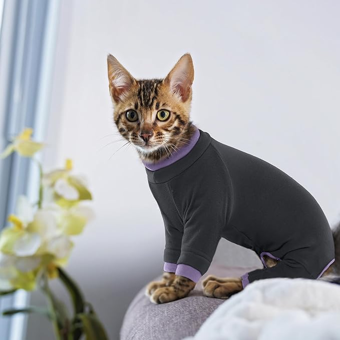 Pumyporeity Sticky Cat Clothes - Soft Cat Sweater for Hair Loss Prevention, Recovery Suit After Surgery, Black, XS
