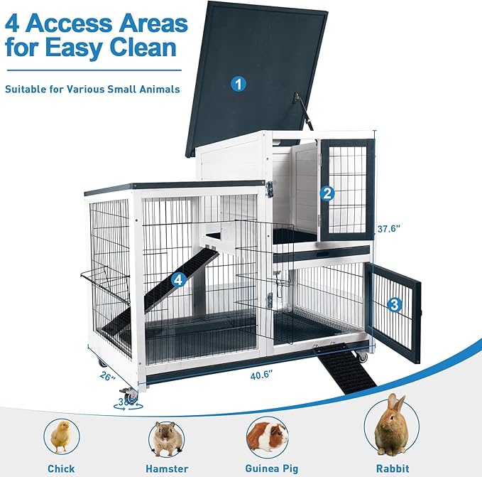 Rabbit Hutch Indoor Bunny Cage Outdoor with Urine Guards 2 Storey Mobile Guinea Pig Cage Weatherproof Asphalt Roof Wire Bottom 2 Trays