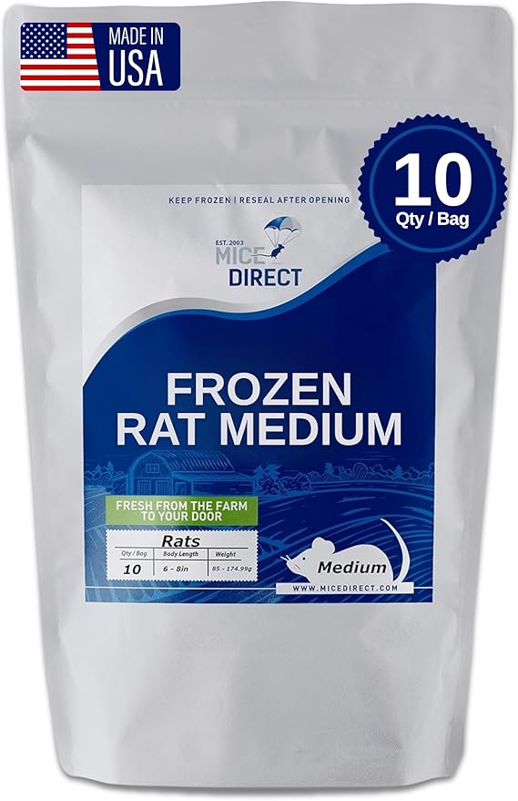 MiceDirect EST. 2003 10 Frozen Rat Medium Feeders Snake Food Adult Ball Pythons Monitors Lizards and Birds of Prey (6-8 in) (No Flavoring)