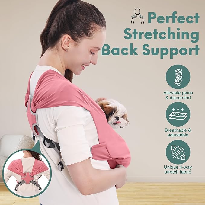 Supet Dog Sling Carrier for Small Pets, Hands Free Front Cat Sling, Reducing Back Neck Pain Anti-Anxiety, Adjustable Soft Carrying (Pink, Regular)
