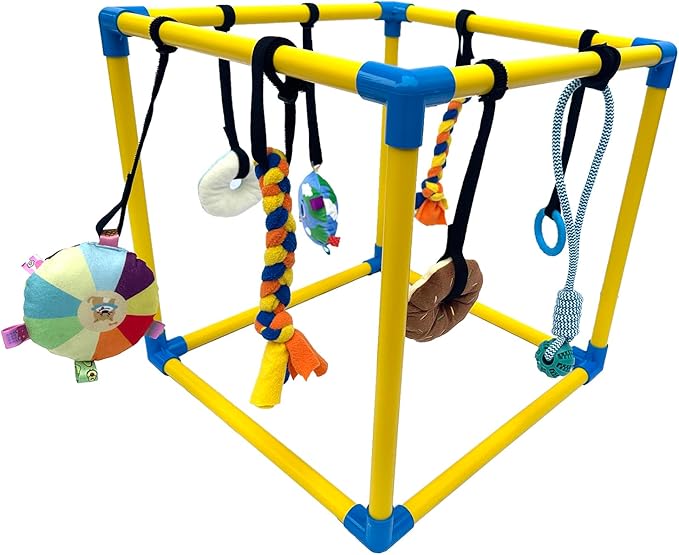 Dewonch Puppy Play Gym with 8 Hanging Toys, Small Dogs Indoor Jungle Gym, PVC Frame with Bungee Straps Enrichment Activity Center