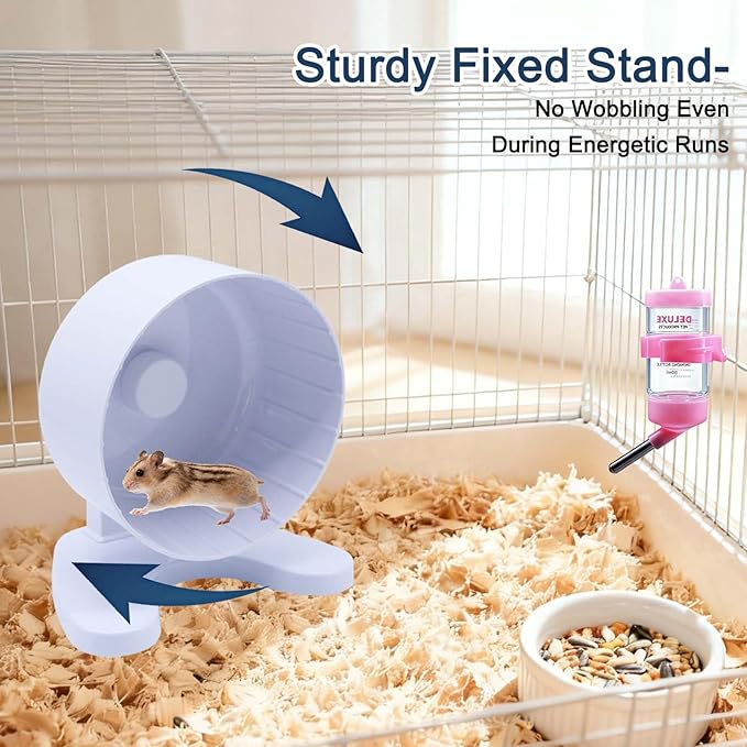 6.5" Super Silent Hamster Wheel with Stand & Water Bottle – Ultra Quiet Exercise Running Wheel for Gerbils, Syrian & Dwarf Hamsters, Chinchillas, Small Pets – Noiseless Spinning Design,White