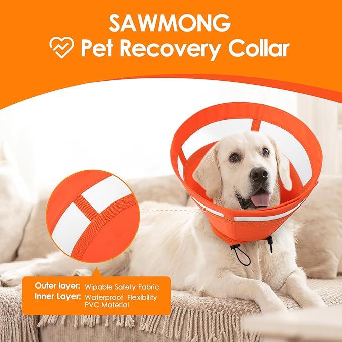 SAWMONG Soft Dog Cone Collar, Dog Cones for Large Dogs, Cone for Dogs to Stop Licking, E-Collar for Doggy After Surgery Adjustable, Comfy Elizabeth Pet Recovery Collar (L,Orange)