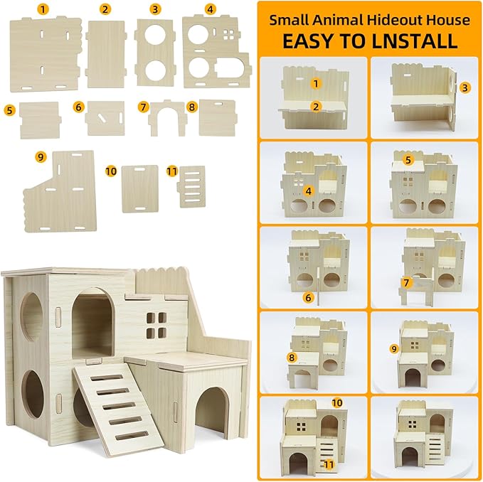 Hamster Hideout Tiny Maze Wood House with Slide Hamster House and Habitat Wooden Hide Hut for Dwarf Gerbils Mouse Mice and Other Small Animals (Pygmy Rats Only)